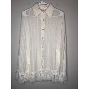 1970s Glentex Chevron 3D Textured Fringe Dagger Collar Button Up Poncho Shawl XL